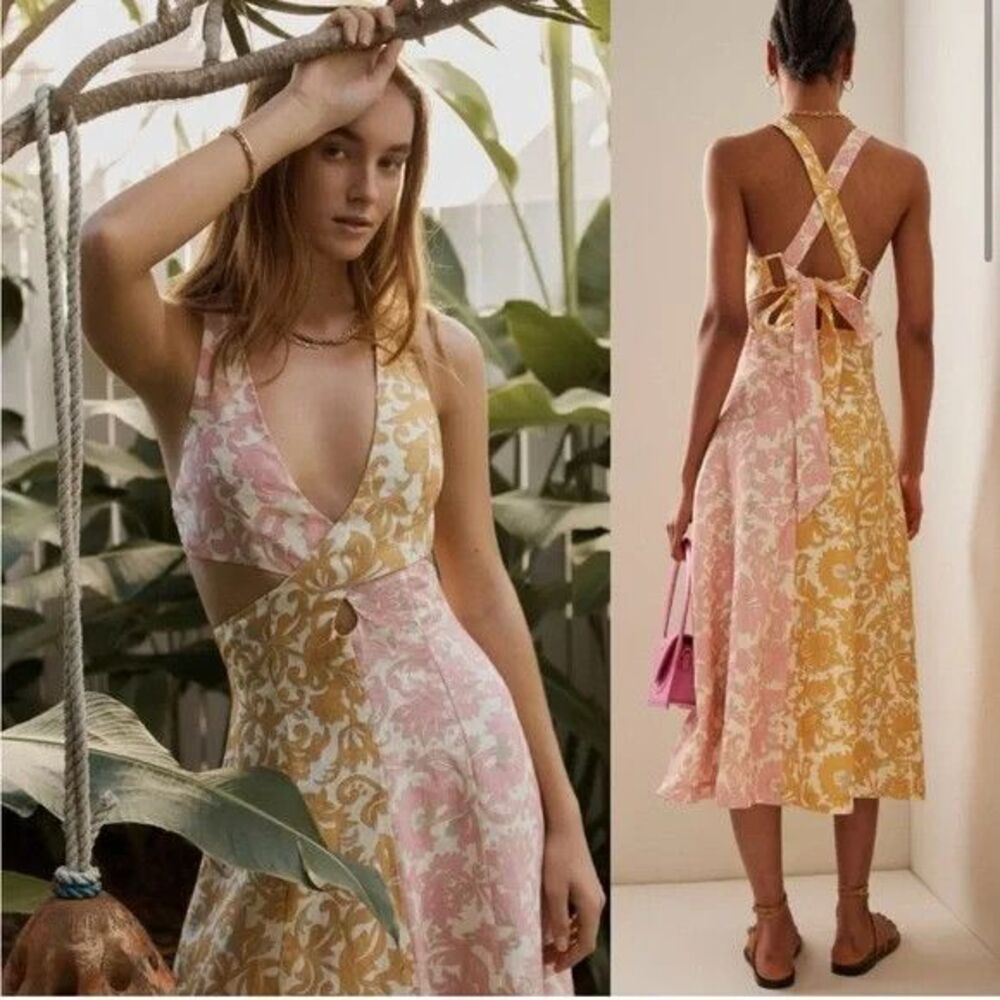 NWT Tuckernuck Ephemera Folk Spliced Athena Cut Out 100% Linen Midi Dress US 2